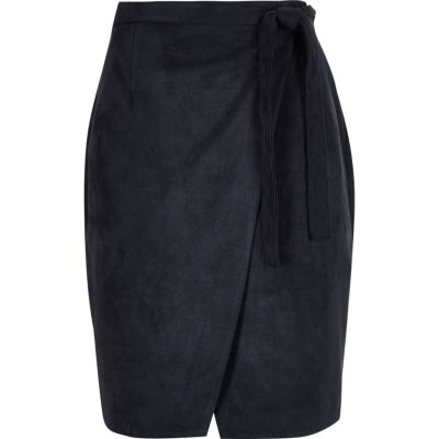 Navy faux suede wrap skirt